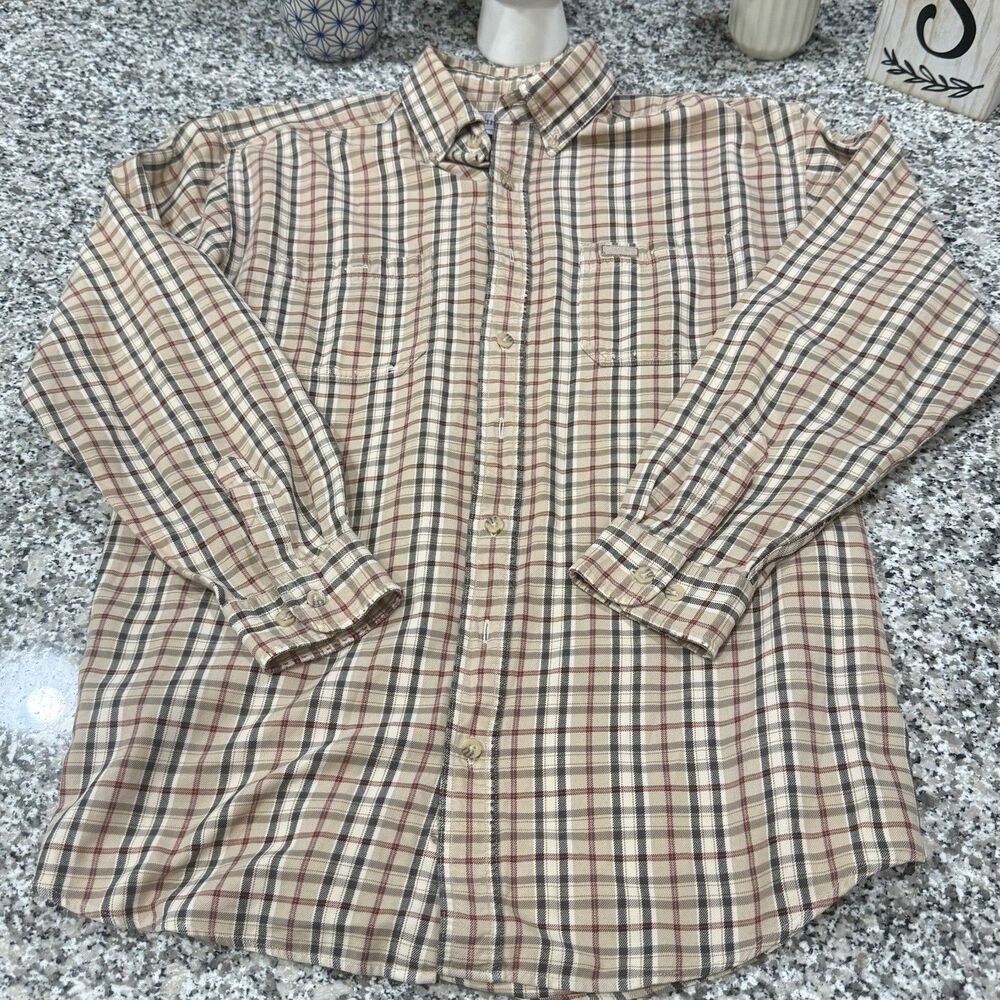 Carhartt LS Shirt Mens L Tall Tan Red Black Plaid Flannel Button Down Workwear